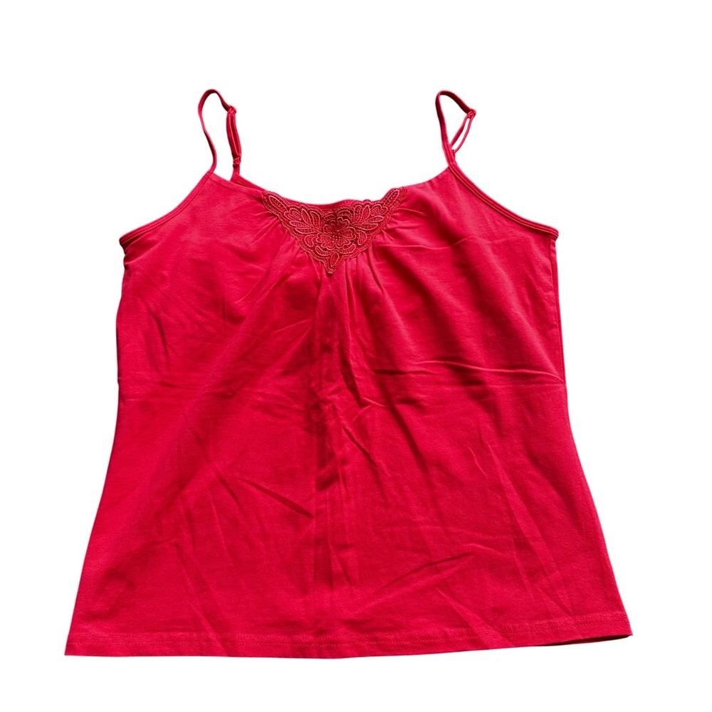 Vintage 2009 Coral Pink Lace Trim Cami Tank Top Adjustable Straps Ruched Bust